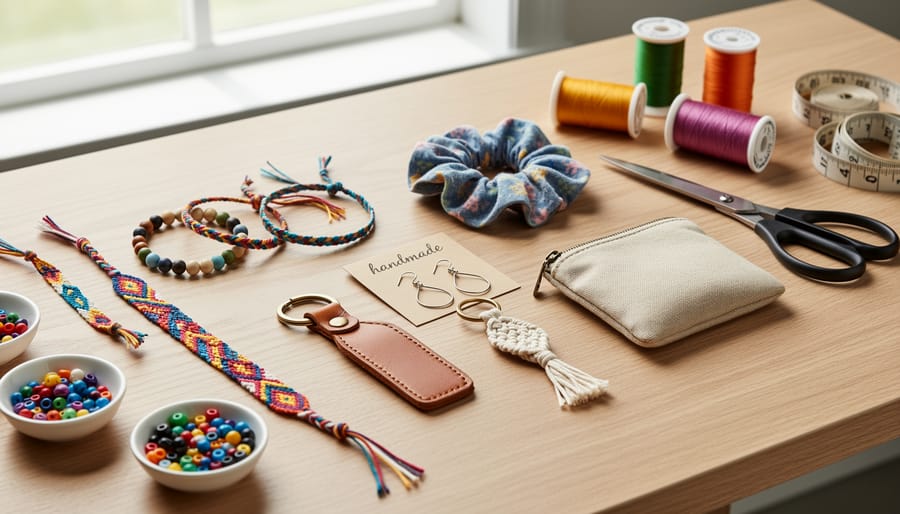 Assortment of finished DIY fashion accessories including beaded earrings, layered necklace, scrunchie, bracelet, and embellished headband